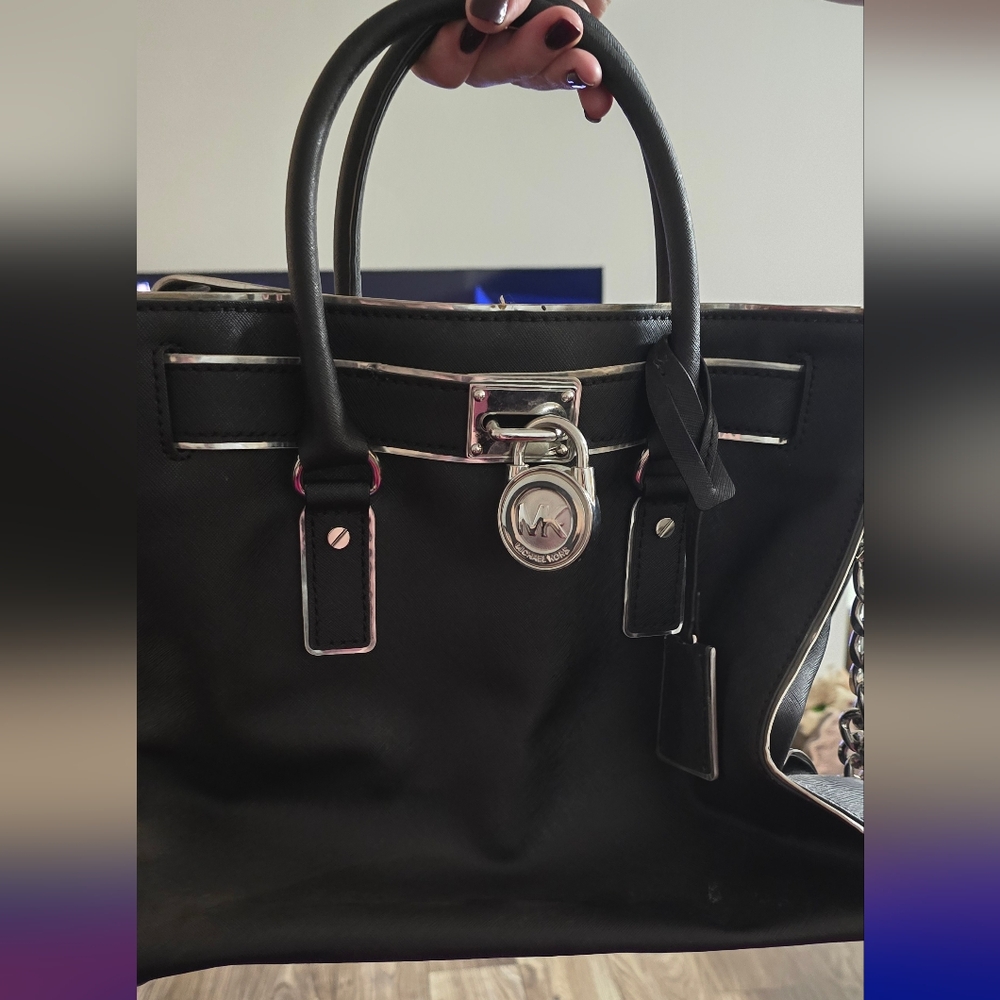 Michael Kors Hamilton Black Silver Specchio Satchel Bag